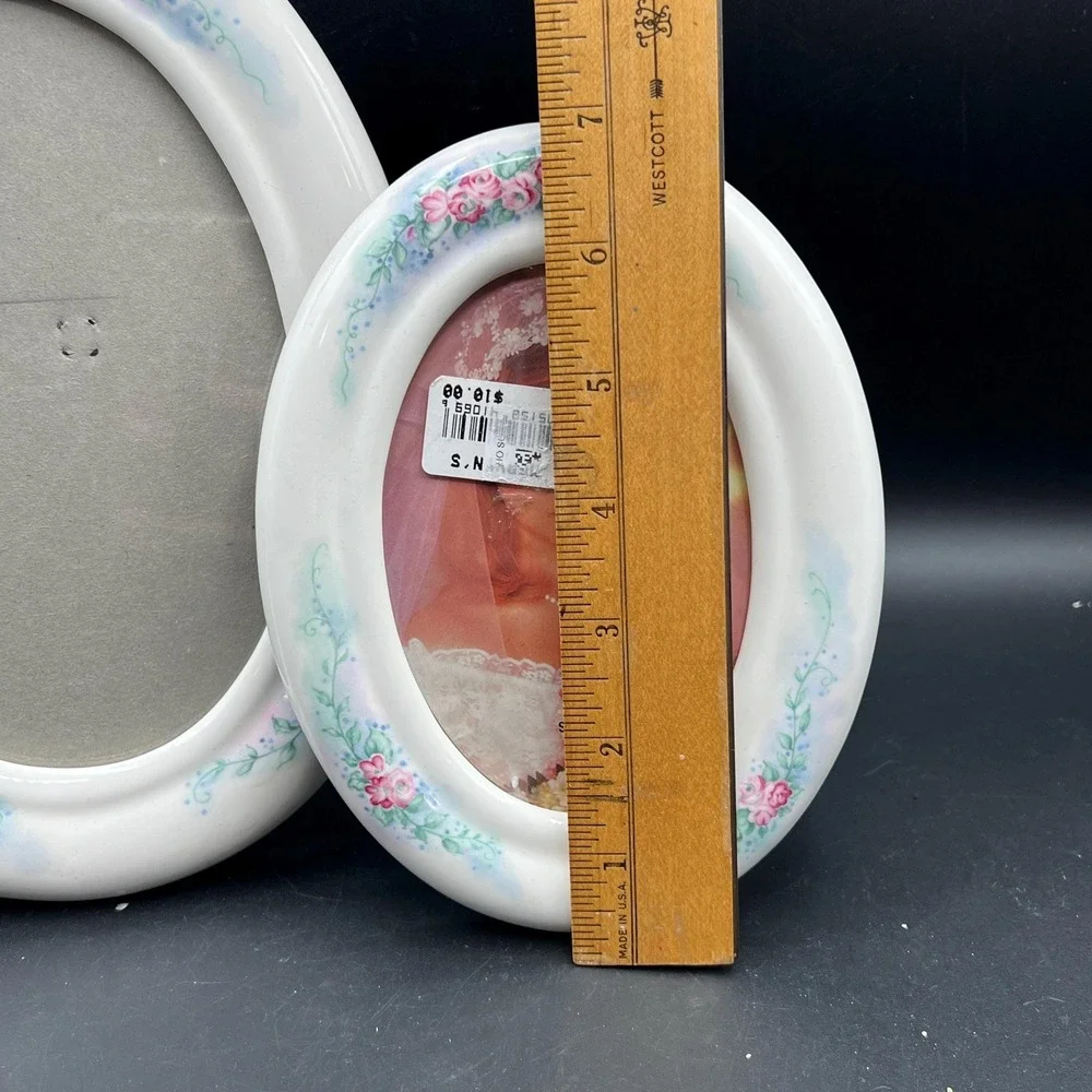 VTG Oval Ceramic Picture Frame Pink Floral Design Set of 2 Cottage Core 80s